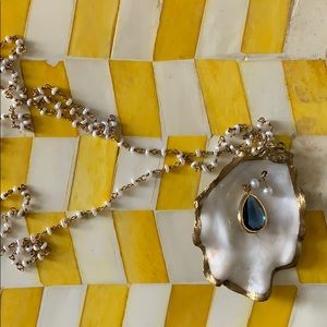 Oyster Shell Necklace with Blue Sapphire & Pearls